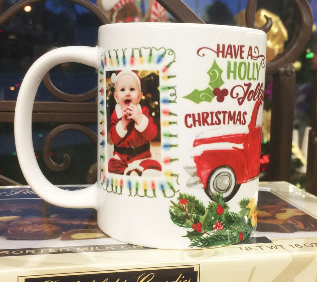 printed christmas mug with picture of baby in santa costume